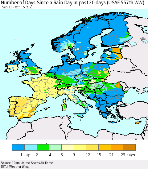 Europe Number of Days Since a Rain Day in past 30 days (USAF 557th WW) Thematic Map For 10/11/2021 - 10/15/2021