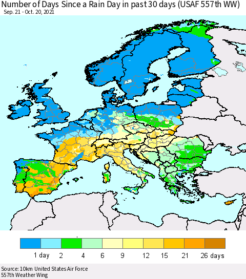 Europe Number of Days Since a Rain Day in past 30 days (USAF 557th WW) Thematic Map For 10/16/2021 - 10/20/2021
