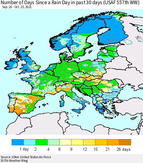 Europe Number of Days Since a Rain Day in past 30 days (USAF 557th WW) Thematic Map For 10/21/2021 - 10/25/2021