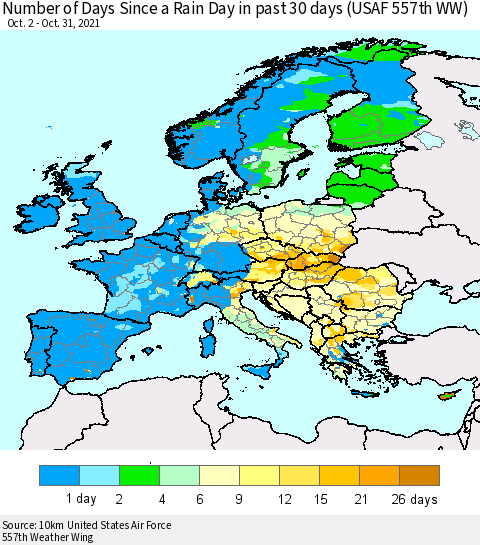 Europe Number of Days Since a Rain Day in past 30 days (USAF 557th WW) Thematic Map For 10/26/2021 - 10/31/2021