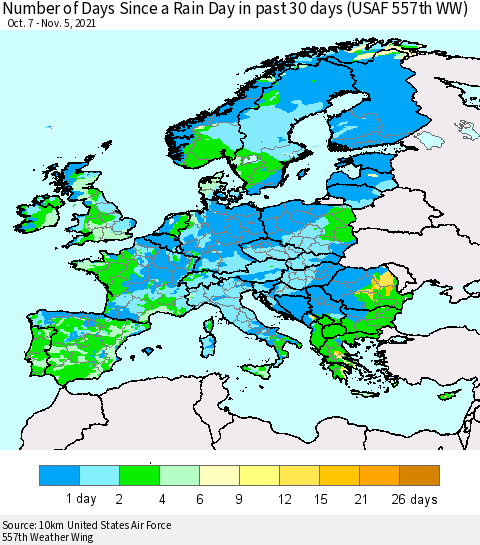Europe Number of Days Since a Rain Day in past 30 days (USAF 557th WW) Thematic Map For 11/1/2021 - 11/5/2021