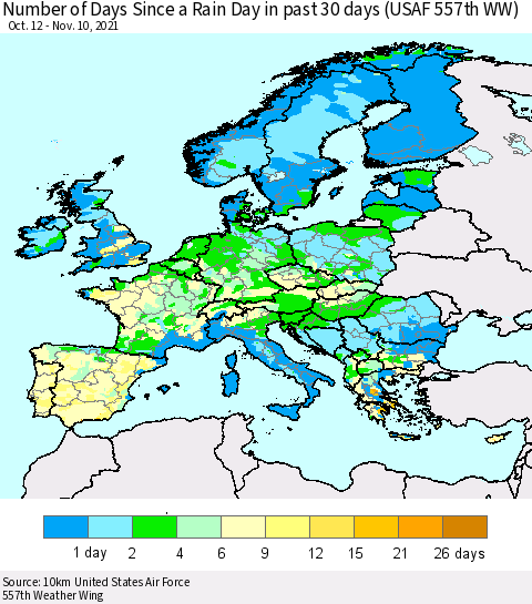 Europe Number of Days Since a Rain Day in past 30 days (USAF 557th WW) Thematic Map For 11/6/2021 - 11/10/2021