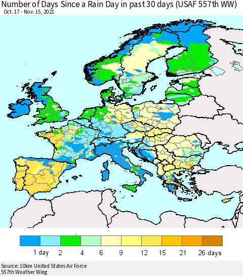 Europe Number of Days Since a Rain Day in past 30 days (USAF 557th WW) Thematic Map For 11/11/2021 - 11/15/2021