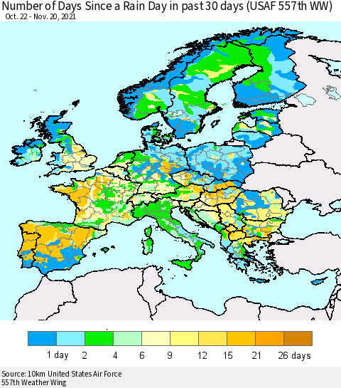 Europe Number of Days Since a Rain Day in past 30 days (USAF 557th WW) Thematic Map For 11/16/2021 - 11/20/2021
