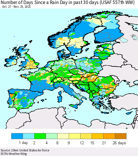 Europe Number of Days Since a Rain Day in past 30 days (USAF 557th WW) Thematic Map For 11/21/2021 - 11/25/2021