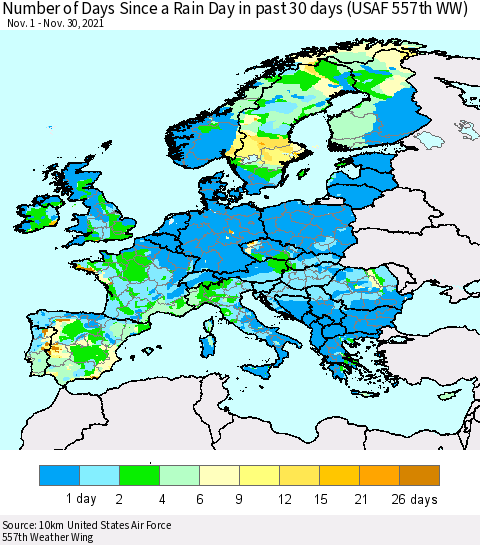 Europe Number of Days Since a Rain Day in past 30 days (USAF 557th WW) Thematic Map For 11/26/2021 - 11/30/2021