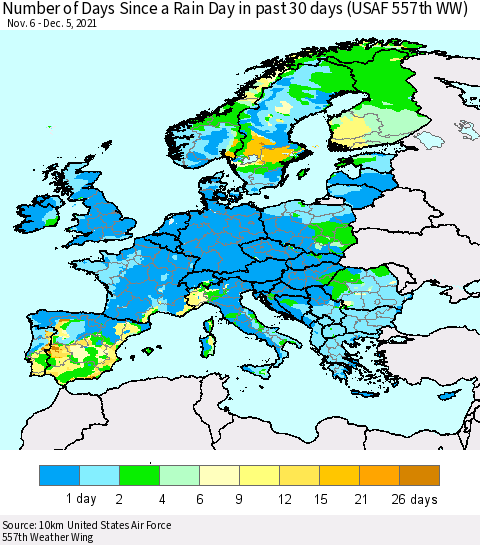 Europe Number of Days Since a Rain Day in past 30 days (USAF 557th WW) Thematic Map For 12/1/2021 - 12/5/2021