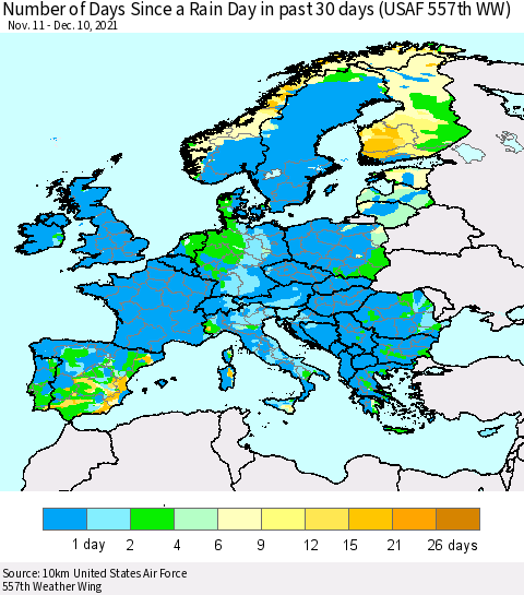 Europe Number of Days Since a Rain Day in past 30 days (USAF 557th WW) Thematic Map For 12/6/2021 - 12/10/2021