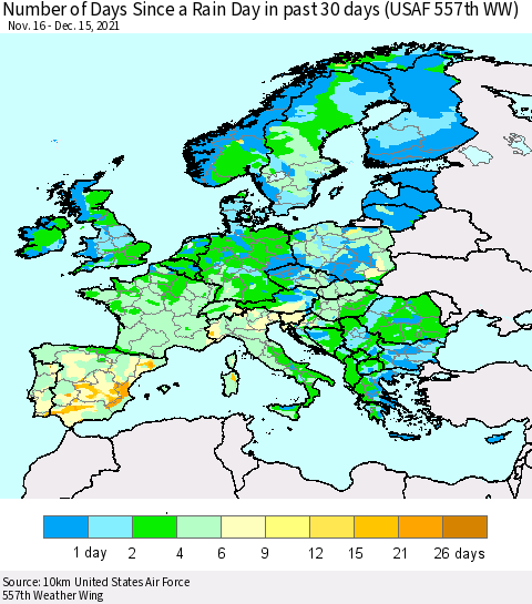 Europe Number of Days Since a Rain Day in past 30 days (USAF 557th WW) Thematic Map For 12/11/2021 - 12/15/2021