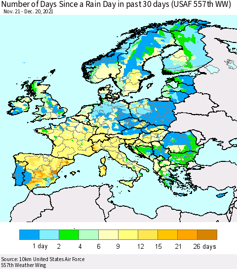 Europe Number of Days Since a Rain Day in past 30 days (USAF 557th WW) Thematic Map For 12/16/2021 - 12/20/2021