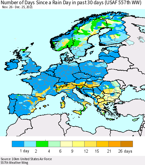 Europe Number of Days Since a Rain Day in past 30 days (USAF 557th WW) Thematic Map For 12/21/2021 - 12/25/2021