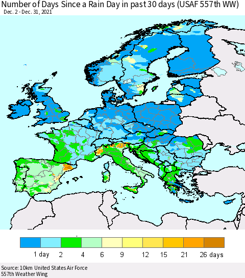 Europe Number of Days Since a Rain Day in past 30 days (USAF 557th WW) Thematic Map For 12/26/2021 - 12/31/2021