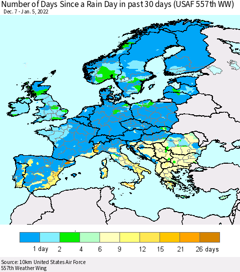Europe Number of Days Since a Rain Day in past 30 days (USAF 557th WW) Thematic Map For 1/1/2022 - 1/5/2022