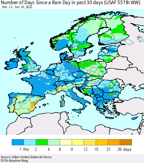 Europe Number of Days Since a Rain Day in past 30 days (USAF 557th WW) Thematic Map For 1/6/2022 - 1/10/2022