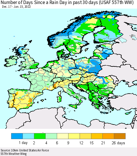 Europe Number of Days Since a Rain Day in past 30 days (USAF 557th WW) Thematic Map For 1/11/2022 - 1/15/2022