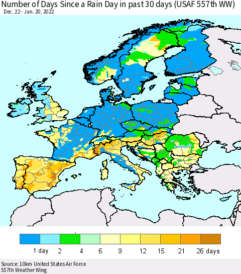 Europe Number of Days Since a Rain Day in past 30 days (USAF 557th WW) Thematic Map For 1/16/2022 - 1/20/2022
