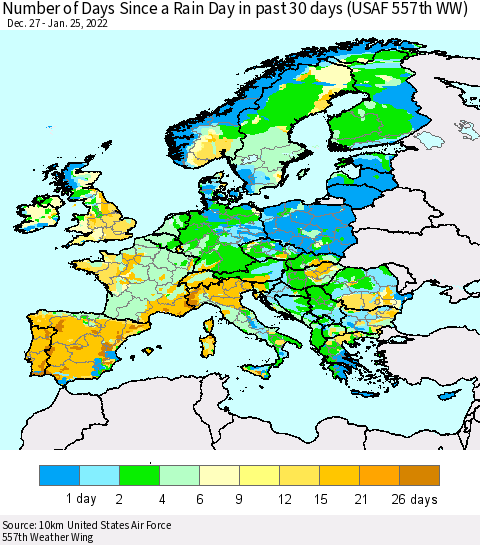 Europe Number of Days Since a Rain Day in past 30 days (USAF 557th WW) Thematic Map For 1/21/2022 - 1/25/2022