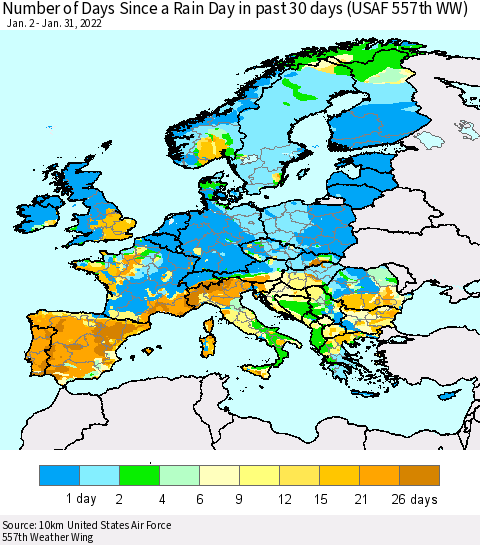 Europe Number of Days Since a Rain Day in past 30 days (USAF 557th WW) Thematic Map For 1/26/2022 - 1/31/2022