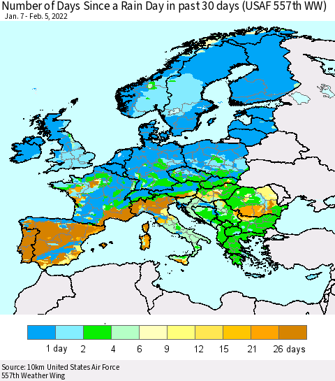 Europe Number of Days Since a Rain Day in past 30 days (USAF 557th WW) Thematic Map For 2/1/2022 - 2/5/2022