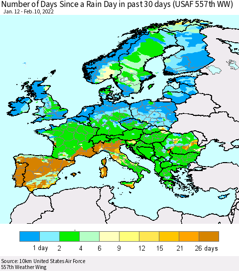 Europe Number of Days Since a Rain Day in past 30 days (USAF 557th WW) Thematic Map For 2/6/2022 - 2/10/2022