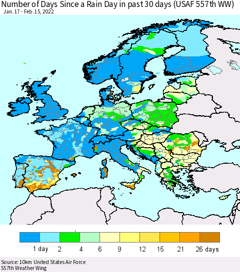 Europe Number of Days Since a Rain Day in past 30 days (USAF 557th WW) Thematic Map For 2/11/2022 - 2/15/2022