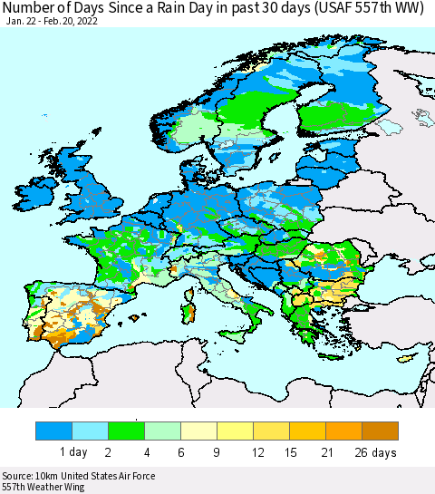 Europe Number of Days Since a Rain Day in past 30 days (USAF 557th WW) Thematic Map For 2/16/2022 - 2/20/2022