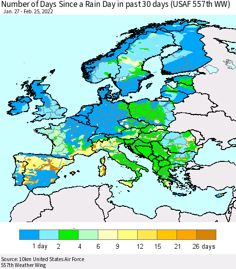Europe Number of Days Since a Rain Day in past 30 days (USAF 557th WW) Thematic Map For 2/21/2022 - 2/25/2022