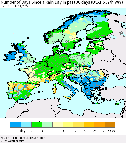 Europe Number of Days Since a Rain Day in past 30 days (USAF 557th WW) Thematic Map For 2/26/2022 - 2/28/2022
