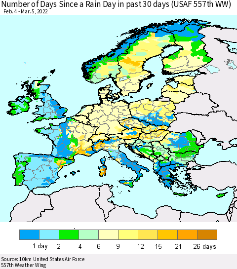 Europe Number of Days Since a Rain Day in past 30 days (USAF 557th WW) Thematic Map For 3/1/2022 - 3/5/2022