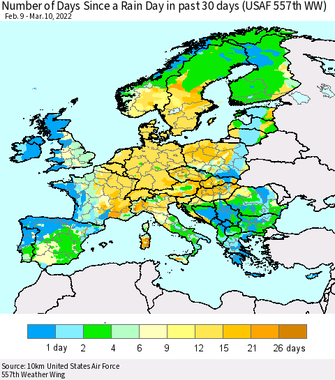 Europe Number of Days Since a Rain Day in past 30 days (USAF 557th WW) Thematic Map For 3/6/2022 - 3/10/2022