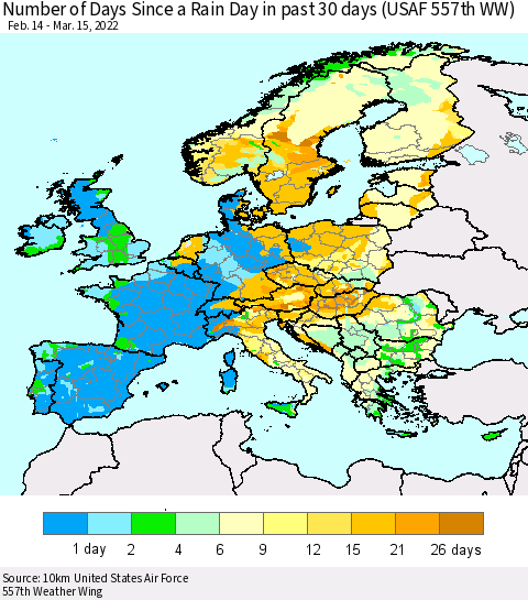 Europe Number of Days Since a Rain Day in past 30 days (USAF 557th WW) Thematic Map For 3/11/2022 - 3/15/2022