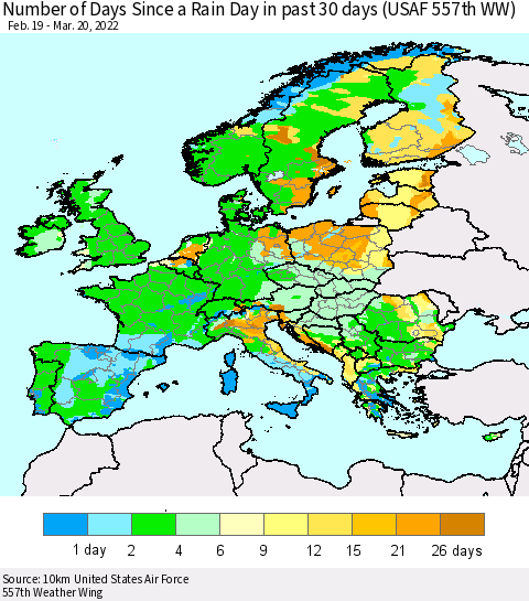 Europe Number of Days Since a Rain Day in past 30 days (USAF 557th WW) Thematic Map For 3/16/2022 - 3/20/2022