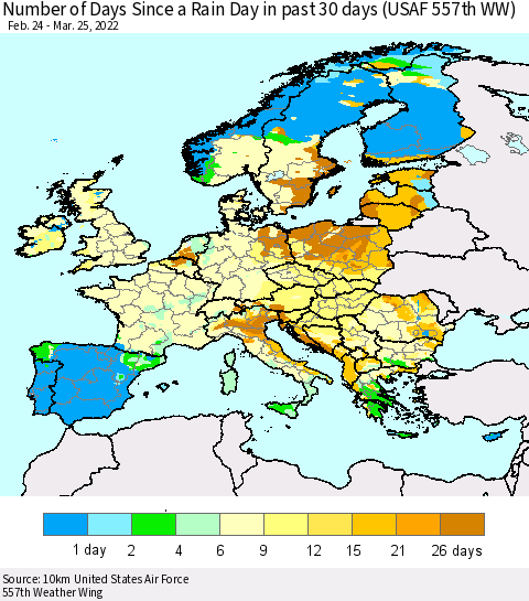 Europe Number of Days Since a Rain Day in past 30 days (USAF 557th WW) Thematic Map For 3/21/2022 - 3/25/2022