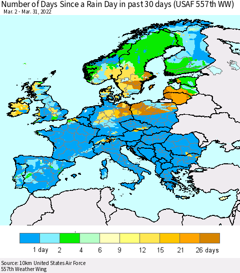 Europe Number of Days Since a Rain Day in past 30 days (USAF 557th WW) Thematic Map For 3/26/2022 - 3/31/2022