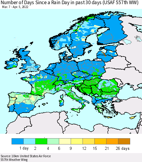 Europe Number of Days Since a Rain Day in past 30 days (USAF 557th WW) Thematic Map For 4/1/2022 - 4/5/2022