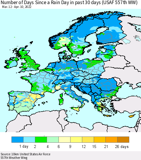 Europe Number of Days Since a Rain Day in past 30 days (USAF 557th WW) Thematic Map For 4/6/2022 - 4/10/2022