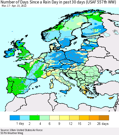 Europe Number of Days Since a Rain Day in past 30 days (USAF 557th WW) Thematic Map For 4/11/2022 - 4/15/2022