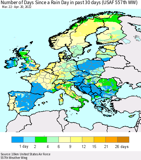Europe Number of Days Since a Rain Day in past 30 days (USAF 557th WW) Thematic Map For 4/16/2022 - 4/20/2022