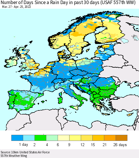 Europe Number of Days Since a Rain Day in past 30 days (USAF 557th WW) Thematic Map For 4/21/2022 - 4/25/2022