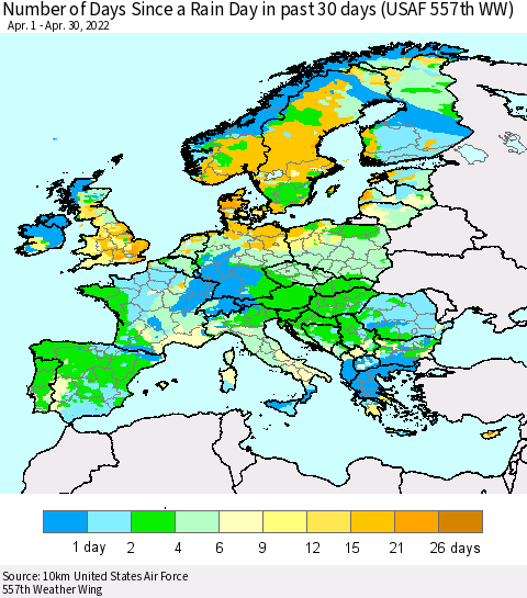 Europe Number of Days Since a Rain Day in past 30 days (USAF 557th WW) Thematic Map For 4/26/2022 - 4/30/2022