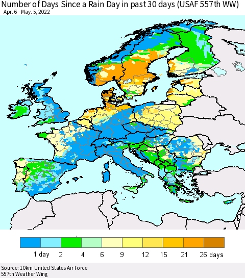 Europe Number of Days Since a Rain Day in past 30 days (USAF 557th WW) Thematic Map For 5/1/2022 - 5/5/2022