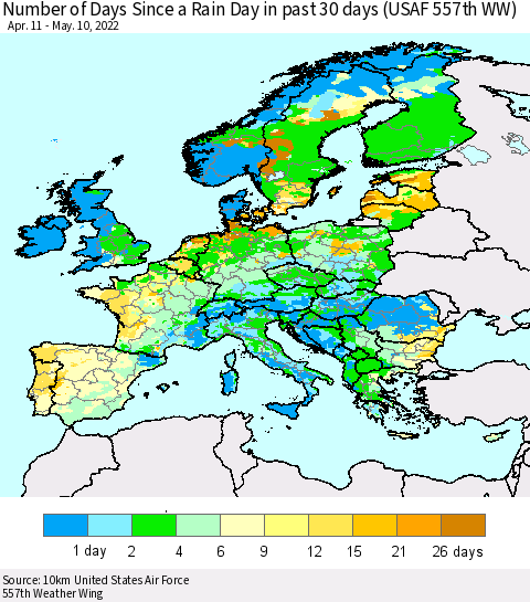 Europe Number of Days Since a Rain Day in past 30 days (USAF 557th WW) Thematic Map For 5/6/2022 - 5/10/2022