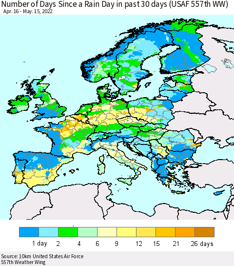 Europe Number of Days Since a Rain Day in past 30 days (USAF 557th WW) Thematic Map For 5/11/2022 - 5/15/2022