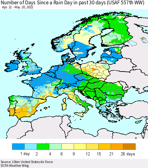 Europe Number of Days Since a Rain Day in past 30 days (USAF 557th WW) Thematic Map For 5/16/2022 - 5/20/2022