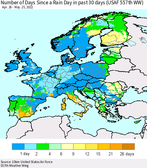 Europe Number of Days Since a Rain Day in past 30 days (USAF 557th WW) Thematic Map For 5/21/2022 - 5/25/2022