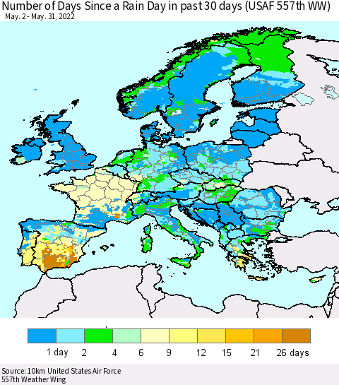 Europe Number of Days Since a Rain Day in past 30 days (USAF 557th WW) Thematic Map For 5/26/2022 - 5/31/2022