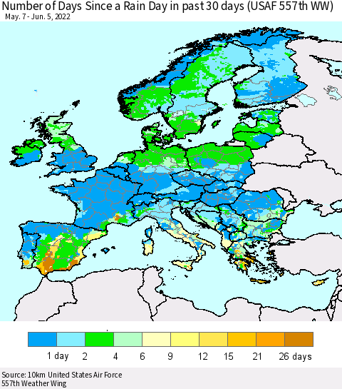 Europe Number of Days Since a Rain Day in past 30 days (USAF 557th WW) Thematic Map For 6/1/2022 - 6/5/2022