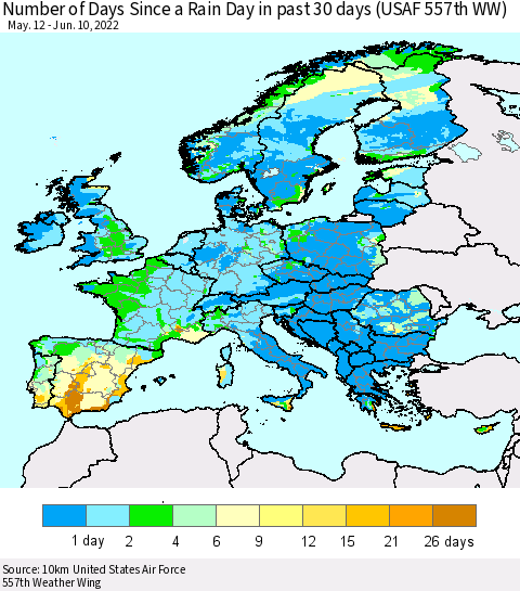 Europe Number of Days Since a Rain Day in past 30 days (USAF 557th WW) Thematic Map For 6/6/2022 - 6/10/2022