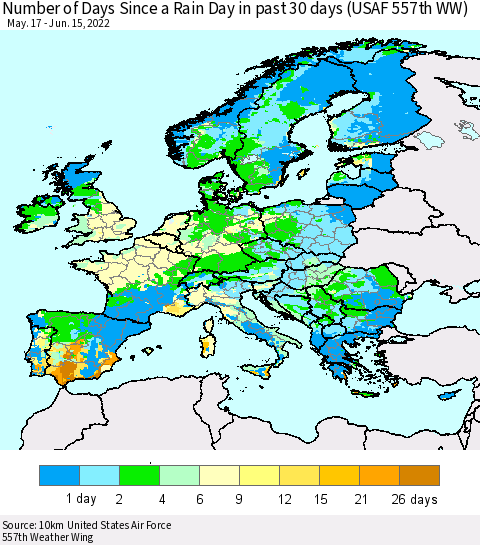 Europe Number of Days Since a Rain Day in past 30 days (USAF 557th WW) Thematic Map For 6/11/2022 - 6/15/2022