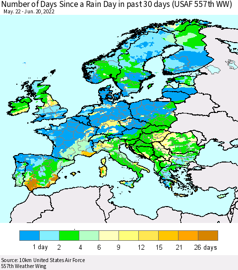 Europe Number of Days Since a Rain Day in past 30 days (USAF 557th WW) Thematic Map For 6/16/2022 - 6/20/2022